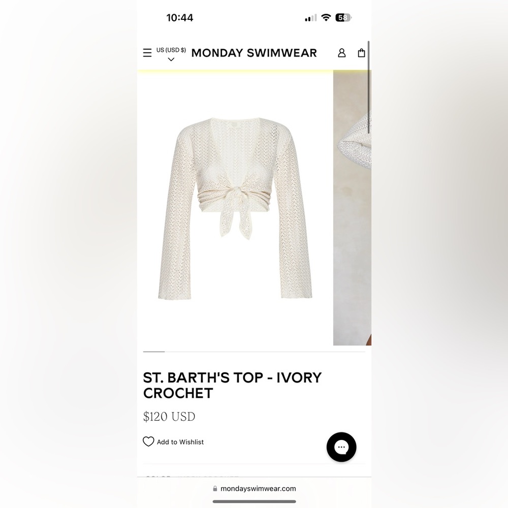 Monday swimwear / St Barths top / never worn / ivory crotchet / Small